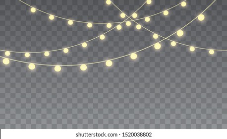 Christmas lights isolated. Glowing lights for Xmas Holiday cards, banners, posters, web design. 