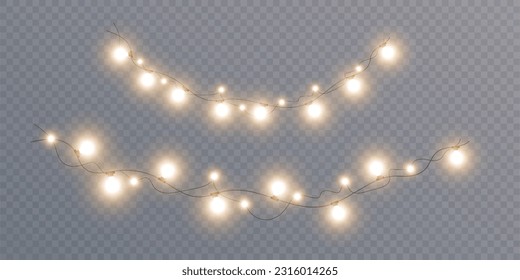 Christmas lights isolated on checkered vector background. Set of Christmas glowing garlands. For advertising invitations, web banners, postcards. Vector