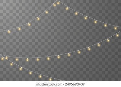 Christmas lights isolated on checkered vector background. Set of Christmas glowing garlands. For advertising invitations, web banners, postcards. Vector