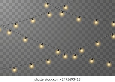 Weihnachtsbeleuchtung einzeln auf kariertem Vektorhintergrund. Weihnachten leuchtende Girlanden. Für Werbeeinladungen, Webbanner, Postkarten. Vektorgrafik