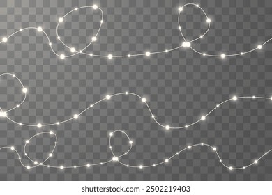 Christmas lights isolated on checkered vector background. Set of Christmas glowing garlands. For advertising invitations, web banners, postcards. Vector