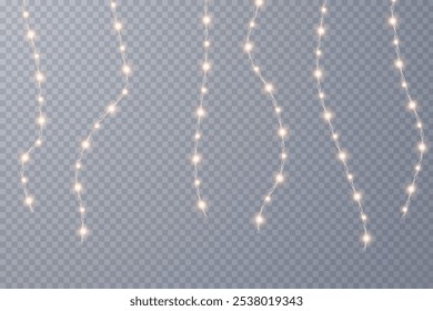 Christmas lights isolated on checkered vector background. Set of Christmas glowing garlands. For advertising invitations, web banners, postcards. Vector