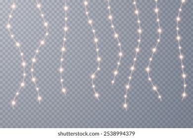 Christmas lights isolated on checkered vector background. Set of Christmas glowing garlands. For advertising invitations, web banners, postcards. Vector