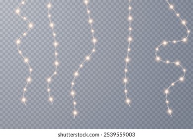 Christmas lights isolated on checkered vector background. Set of Christmas glowing garlands. For advertising invitations, web banners, postcards. Vector