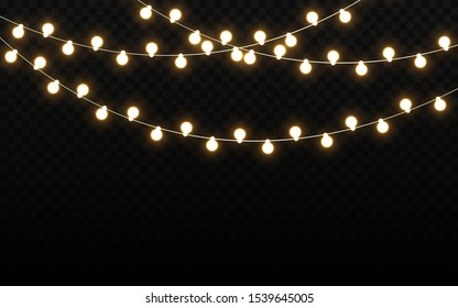 Christmas lights isolated on dark backdrop. Realistic light bulbs. Glowing wire with bright lights. Party garland with luminous elements. Holiday template. Vector illustration.