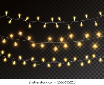 Christmas lights isolated on dark transparent background. Glowing golden garland lights. Led neon lamp. Bright decoration for xmas cards, banners, posters, web design. Vector illustration.