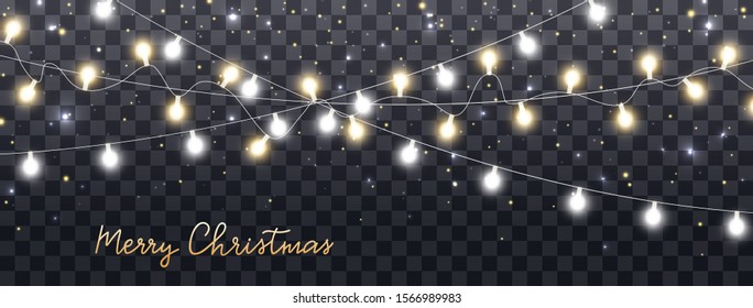 Christmas lights isolated on dark transparent background. Merry Christmas hand lettering with glowing golden garland lights. Led neon lamp. Bright decoration. Vector illustration.