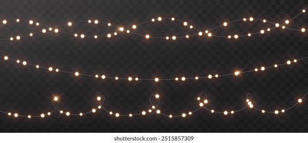 Christmas lights isolated on dark background. Set of glowing holiday decor element glowing.