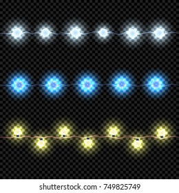 Christmas Lights Isolated on Dark Background. Garland Set for Xmas Design. Bright Led Lights. Vector Light Effect.