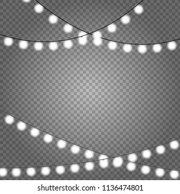 Christmas lights isolated on transparent background. Set of white glowing garland. Vector illustration