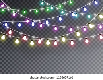 Christmas lights isolated on transparent background. Xmas glowing garland. Vector illustration