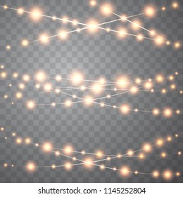 Christmas lights isolated on transparent background. Set of golden xmas glowing garland. Vector template