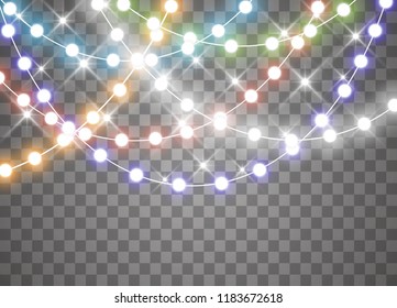 Christmas lights isolated on transparent background. Xmas glowing garland. Vector illustration