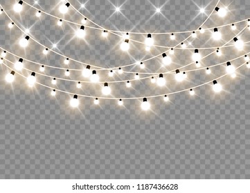Christmas lights isolated on transparent background. Xmas glowing garland. Vector illustration