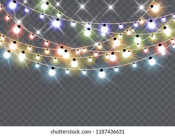 Christmas lights isolated on transparent background. Xmas glowing garland. Vector illustration