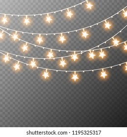 Christmas lights isolated on transparent background. Xmas glowing garland. Sparks glitter special light effect. Vector illustration.