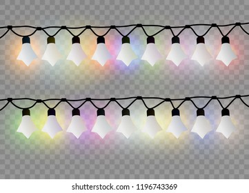 Christmas lights isolated on transparent background. Xmas glowing garland. Sparks glitter special light effect. Vector illustration.
