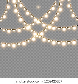Christmas lights isolated on transparent background. Xmas glowing garland. Sparks glitter special light effect. Vector illustration.