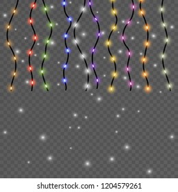 Christmas lights isolated on transparent background. Xmas glowing garland. Sparks glitter special light effect. Vector illustration.