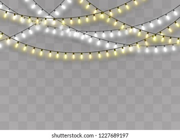 Christmas lights isolated on transparent background. Xmas glowing garland. Vector illustration