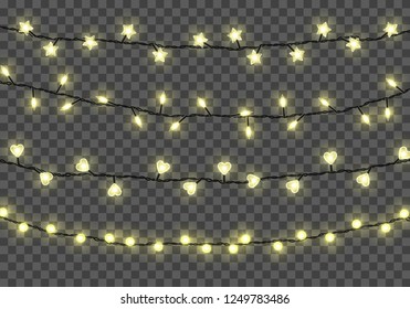 Christmas lights isolated on transparent background. Set of realistic Xmas glowing garland. Vector illustration.