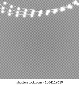 Christmas lights isolated on transparent background. Vector illustration of xmas glowing lights.