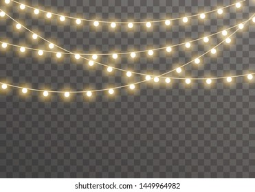 Christmas lights isolated on transparent background for cards, banners, posters, web design. Set of golden xmas glowing garland Led neon lamp Vector illustration