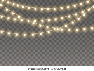 Christmas lights isolated on transparent background for cards, banners, posters, web design. Set of golden xmas glowing garland Led neon lamp Vector illustration