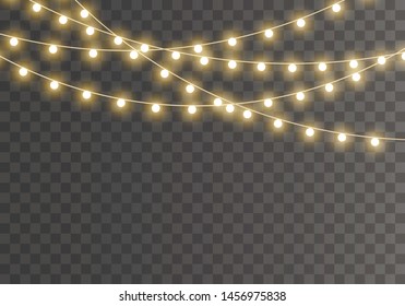 Christmas lights isolated on transparent background for cards, banners, posters, web design. Set of golden xmas glowing garland Led neon lamp Vector illustration