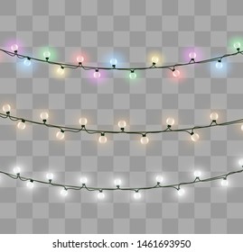 Christmas lights isolated on transparent background. Xmas glowing garland. Vector illustration