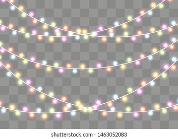 Christmas lights isolated on transparent background. Xmas glowing garland. Vector illustration