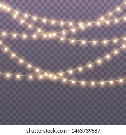 Christmas lights isolated on transparent background for cards, banners, posters, web design. Set of golden xmas glowing garland Led neon lamp Vector illustration