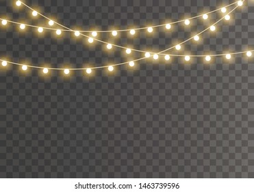 Christmas lights isolated on transparent background for cards, banners, posters, web design. Set of golden xmas glowing garland Led neon lamp Vector illustration
