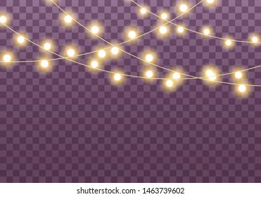 Christmas lights isolated on transparent background for cards, banners, posters, web design. Set of golden xmas glowing garland Led neon lamp Vector illustration