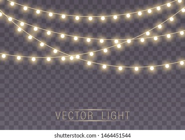 Christmas lights isolated on transparent background for cards, banners, posters, web design. Set of golden xmas glowing garland Led neon lamp Vector illustration