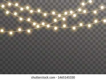 Christmas lights isolated on transparent background for cards, banners, posters, web design. Set of golden xmas glowing garland Led neon lamp Vector illustration