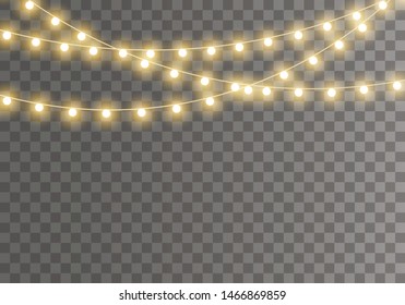 Christmas lights isolated on transparent background for cards, banners, posters, web design. Set of golden xmas glowing garland Led neon lamp Vector illustration