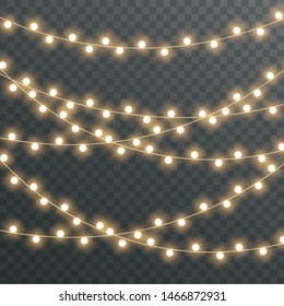 Christmas lights isolated on transparent background for cards, banners, posters, web design. Set of golden xmas glowing garland Led neon lamp Vector illustration