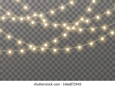 Christmas lights isolated on transparent background for cards, banners, posters, web design. Set of golden xmas glowing garland Led neon lamp Vector illustration