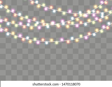 Christmas lights isolated on transparent background. Xmas glowing garland. Vector illustration