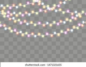 Christmas lights isolated on transparent background. Xmas glowing garland. Vector illustration