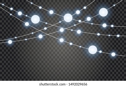 Christmas lights isolated on transparent background.  Xmas glowing strings garland.  Vector illustration