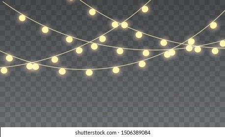 Christmas lights isolated on transparent background for cards, banners, posters, web design. Glowing lights for Xmas 