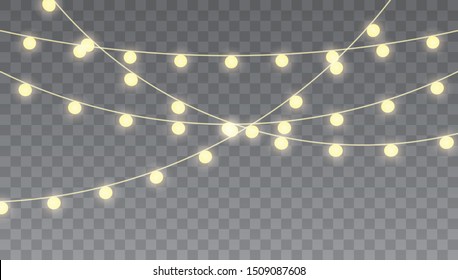 Christmas lights isolated on transparent background for cards, banners, posters, web design. Glowing lights for Xmas Holiday cards, banners, posters, web design. Garlands decorations.