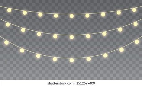 Christmas lights isolated on transparent background for cards, banners, posters, web design. Glowing lights for Xmas Holiday cards, banners, posters, web design. Garlands decorations.