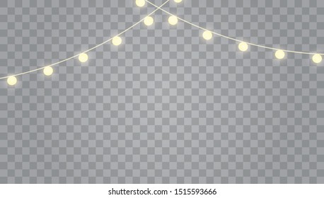 Christmas lights isolated on transparent background for cards, banners, posters, web design. Glowing lights for Xmas Holiday cards, banners, posters, web design. Garlands decorations.