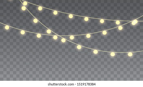 Christmas lights isolated on transparent background for cards, banners, posters, web design. Glowing lights for Xmas Holiday cards, banners, posters, web design. 