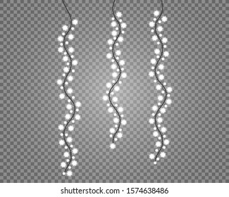 Christmas lights isolated on transparent background for cards, banners, posters, web design. Set of silver light garlands on wires isolated. Vector illustration. Holiday decor element.