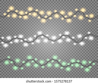 Christmas lights isolated on transparent background for cards, banners, posters, web design. Set of golden, silver and green garlands on wires isolated. Vector illustration. Holiday decor element.