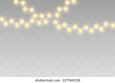 Christmas lights isolated on transparent background. Xmas glowing garland. 